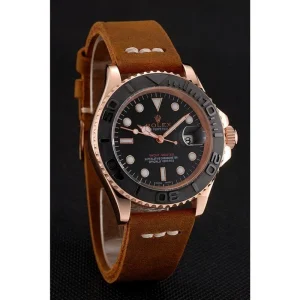 Rolex Yacht-Master Black Dial Rose Gold Case Brown Leather Bracelet 1453861 - Imagen 2