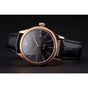 Super Clone Rolex Cellini Date Black Dial Rose Gold Markings Rose Gold Case Black Leather Strap - Imagen 5