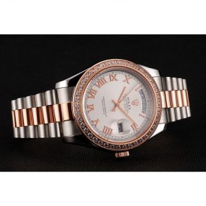 Super Clone Rolex Day-Date Diamonds Bezel White Dial Rose Gold And Staineless Steel Bracelet 1454108 - Image 5