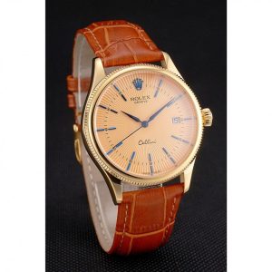 Super Clone Rolex Cellini Date Gold Guilloche Dial Gold Case Light Brown Leather Strap - Imagen 3