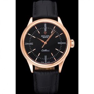 وجهة نظر بديلة لـ Super Clone Rolex Cellini Time Rose Gold Case Black Dial Black Leather Bracelet  622656
