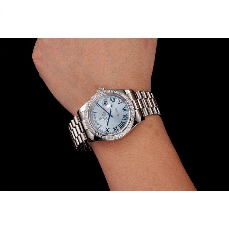 Super Clone Rolex Day-Date Ice Blue Dial Diamond Case Stainless Steel Bracelet 1453962 - Image 9