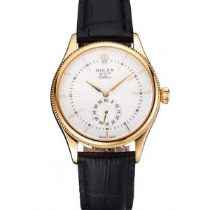 Super Clone Rolex Cellini White Dial Gold Case Black Leather Strap - Image 11