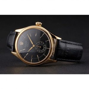 Super Clone Rolex Cellini Black Dial Gold Case Black Leather Strap - Image 5
