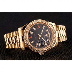 Super Clone Rolex Day-Date Diamonds And Rubies Black Dial Yellow Gold Bracelet 1454101 - Image 4