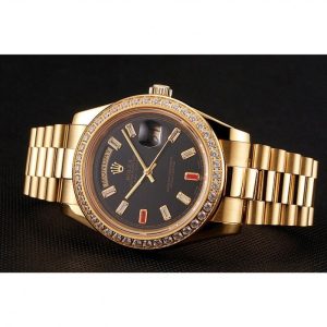 Super Clone Rolex Day-Date Diamonds And Rubies Black Dial Yellow Gold Bracelet 1454101 - Image 5