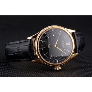 Super Clone Rolex Cellini Black Dial Gold Markings Gold Case Black Leather Strap - Image 4
