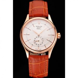 Alternative view of Super Clone Rolex Cellini White Dial Rose Gold Case Light Brown Leather Strap
