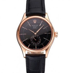 Super Clone Rolex Cellini Black Dial Rose Gold Case Black Leather Strap - Imagen 11