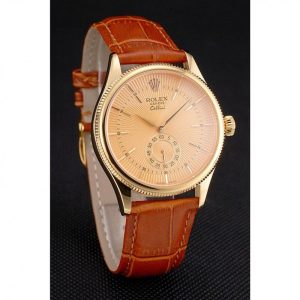 Super Clone Rolex Cellini Gold Dial Gold Case Light Brown Leather Strap - Image 3