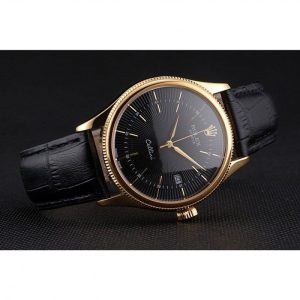 Rolex Cellini Date Black Dial Gold Case Black Leather Strap - Imagen 5