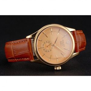 Super Clone Rolex Cellini Gold Dial Gold Case Light Brown Leather Strap - Image 4