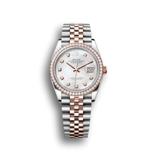 Rolex Datejust: 36 mm, Everose gold, white mother-of-pearl, diamond-set dial, Jubilee bracelet, m126281rbr-0009