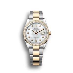 Rolex Datejust: 36 mm, Oystersteel and yellow gold, white mother-of-pearl, diamond-set dial, Oyster bracelet, m126283rbr-0010