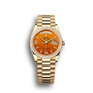 Rolex Day-Date: 36 mm, Yellow gold, with a carnelian, Diamond-set dial, Diamond-set bezel and a President bracelet, m128348rbr-0049
