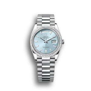 Rolex Day-Date: 36mm platinum, ice-blue, diamond-set dial, diamond-set bezel and a President bracelet, m128396tbr-0003