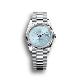 Rolex Day-Date: 40 mm, platinum, ice-blue dial, fluted bezel, President bracelet, m228236-0018