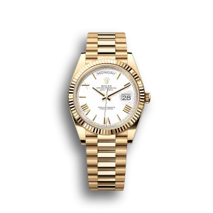 Rolex Day-Date: 40mm yellow gold with a white dial, fluted bezel and a President bracelet, m228238-0042