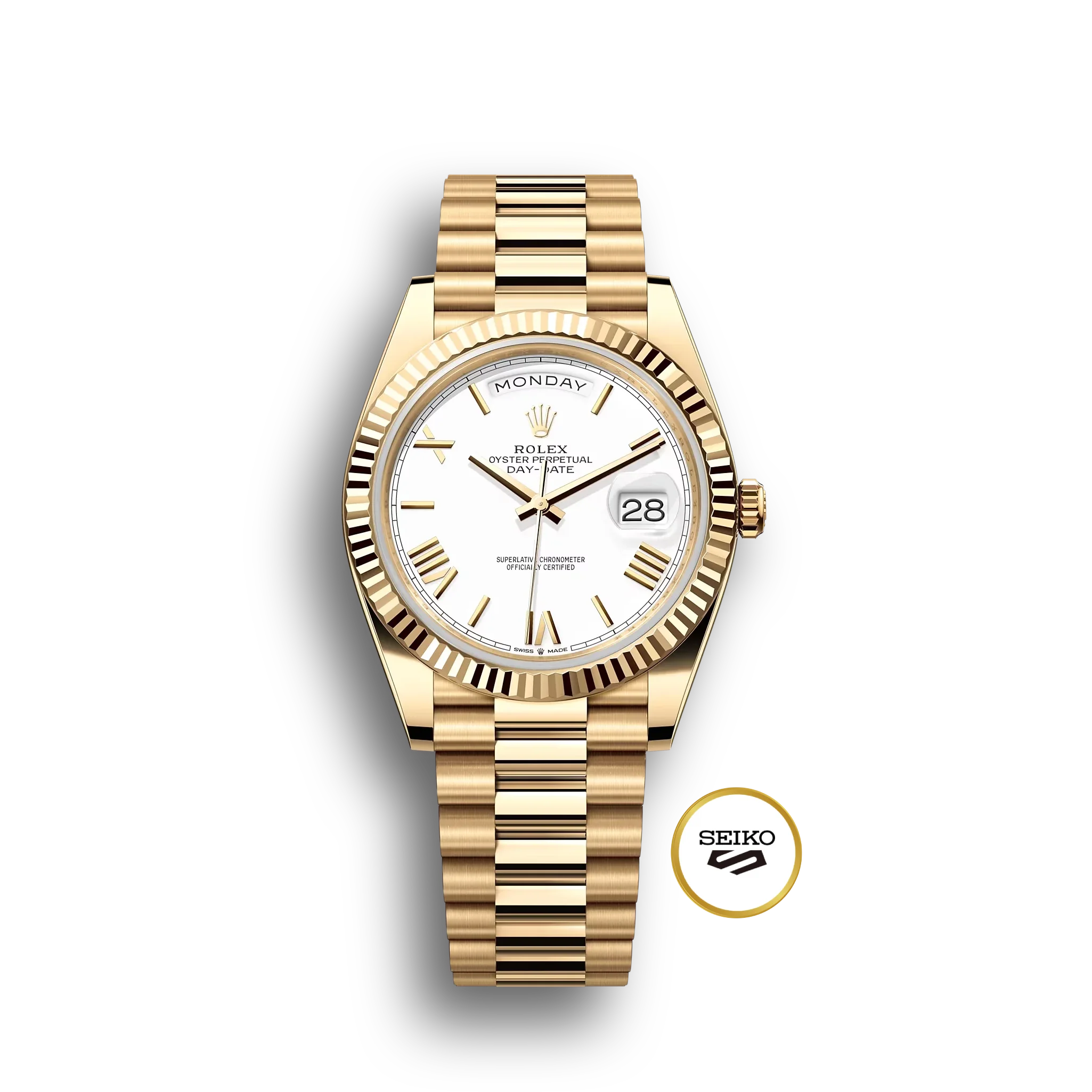 Rolex Day-Date: 40mm yellow gold with a white dial, fluted bezel and a President bracelet, m228238-0042 - Image 6