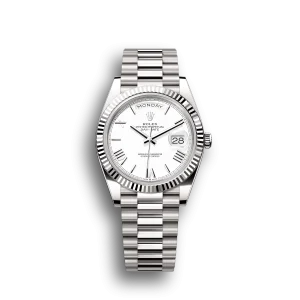 Rolex Day-Date: 40mm, White gold, white dial, fluted bezel, President bracelet, m228239-0046