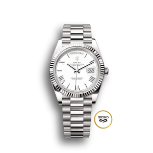 Rolex Day-Date: 40mm, White gold, white dial, fluted bezel, President bracelet, m228239-0046 – Image 6