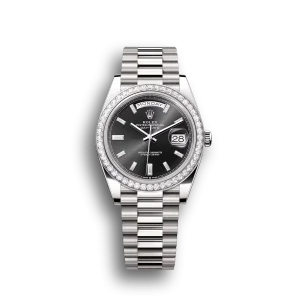 Rolex Day-Date: 40mm white gold, with a bright black, diamond-set dial, diamond-set bezel and a President bracelet, m228349rbr-0003