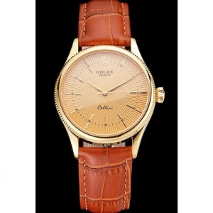 Alternative view of Super Clone Rolex Cellini Gold Dial And Markings Gold Case Light Brown Leather Strap