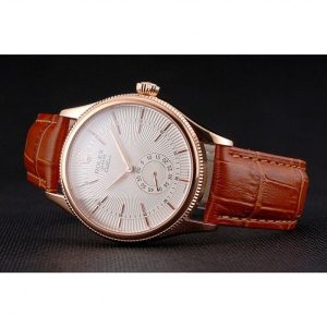 Super Clone Rolex Cellini White Dial Rose Gold Case Light Brown Leather Strap - Imagen 5