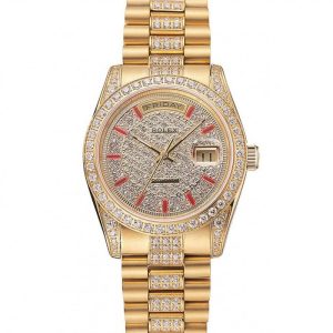 Super Clone Rolex Day-Date Red Diamond Pave Dial Gold Diamond Bracelet 1453960 - Afbeelding 10