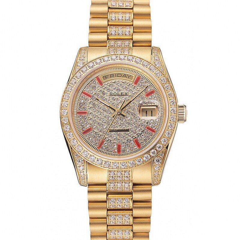 Super Clone Rolex Day-Date Red Diamond Pave Dial Gold Diamond Bracelet 1453960 - Afbeelding 10