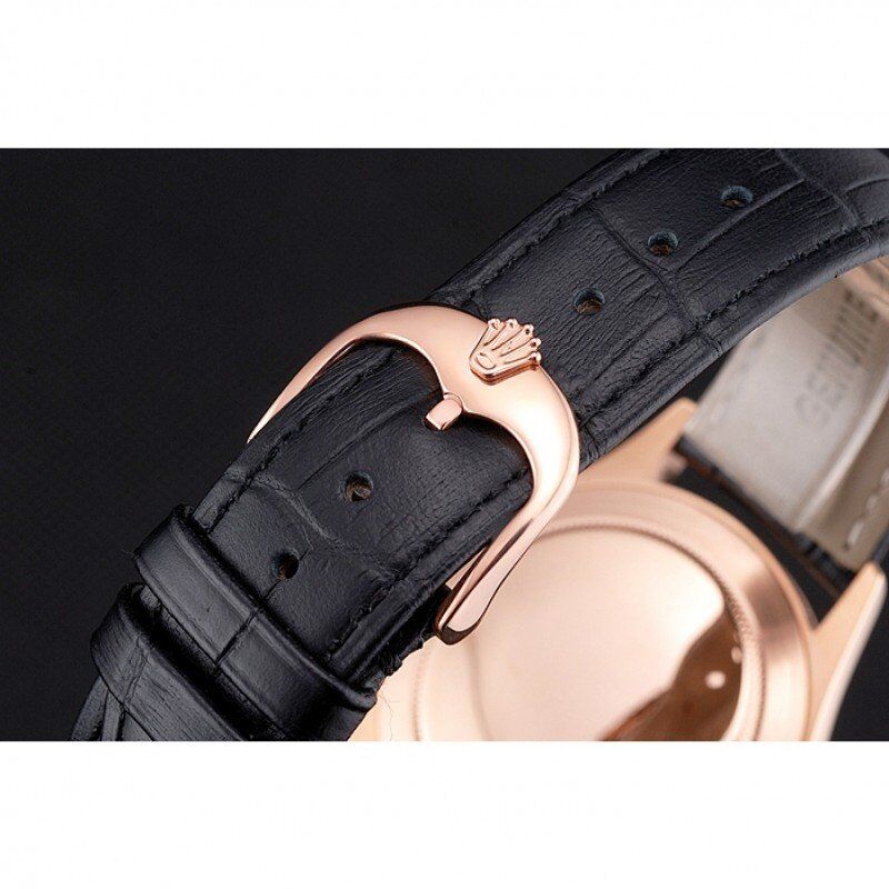 Super Clone Rolex Cellini Black Dial Rose Gold Markings Rose Gold Case Black Leather Strap - Image 6