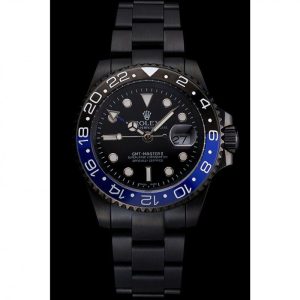 Alternative view of Super Clone Rolex GMT Master II Black Dial Blue And Black Bezel Black PVD Case And Bracelet PR18239