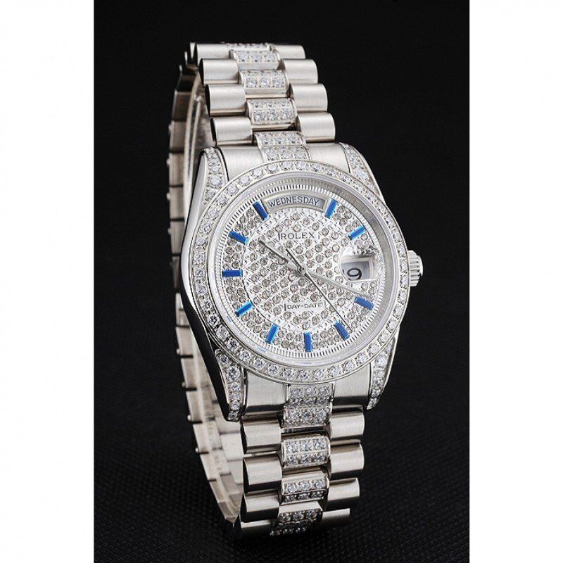 Super Clone Rolex Day-Date Diamond Pave Dial And Bezel And Stainless Steel Bracelet - Image 3