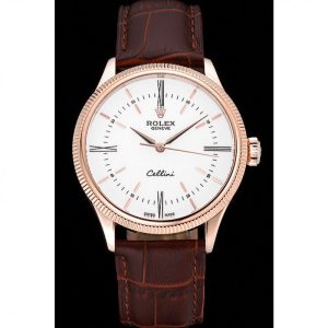 Super Clone Rolex Cellini Time Gold Case White Dial Brown Leather Bracelet 622655 - Afbeelding 2