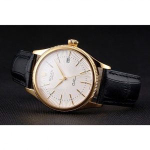 Super Clone Rolex Cellini Date White Dial Gold Case Black Leather Strap - Image 4