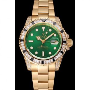 Alternative view of Super Clone Rolex GMT Master II Green Dial Stone Set Bezel Gold Case And Bracelet 1453748