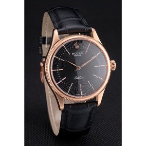 Super Clone Rolex Cellini Black Dial Rose Gold Markings Rose Gold Case Black Leather Strap - Image 3