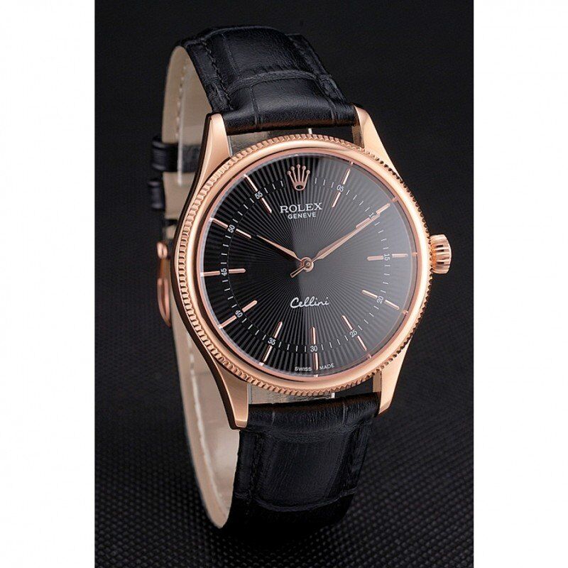 Super Clone Rolex Cellini Black Dial Rose Gold Markings Rose Gold Case Black Leather Strap - Image 3