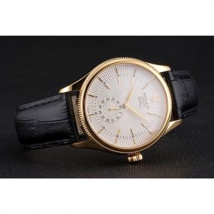 Super Clone Rolex Cellini White Dial Gold Case Black Leather Strap - Image 5