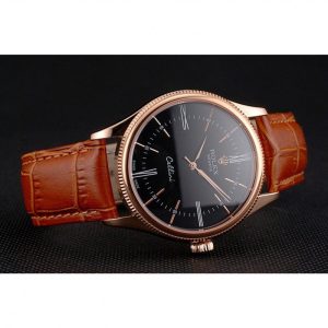 Super Clone Rolex Cellini Black Dial Roman Numerals Rose Gold Case Light Brown Leather Strap – Bild 4