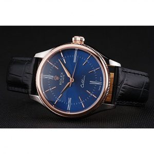 Rolex Cellini Blue Dial Gold Bezel Stainless Steel Case Black Leather Strap 622841 - Image 4