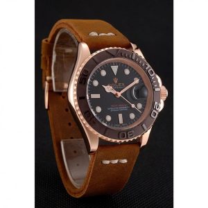 Rolex Yacht-Master Black Dial Brown Bezel Rose Gold Case Brown Leather Bracelet 1453860 - Imagen 2
