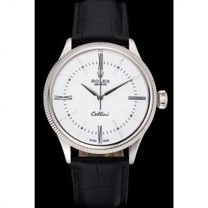 Super Clone Rolex Cellini Time Silver Case White Dial Black Leather Bracelet 622653 – Image 2