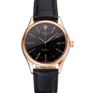 Super Clone Rolex Cellini Date Black Dial Rose Gold Markings Rose Gold Case Black Leather Strap - Imagen 11