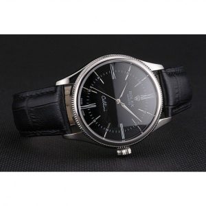 Super Clone Rolex Cellini Black Dial Roman Numerals Stainless Steel Case Black Leather Strap - Image 5