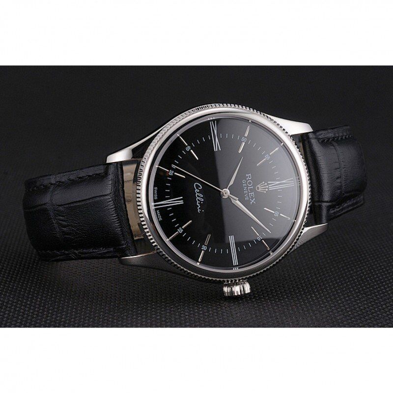 Super Clone Rolex Cellini Black Dial Roman Numerals Stainless Steel Case Black Leather Strap - Image 5