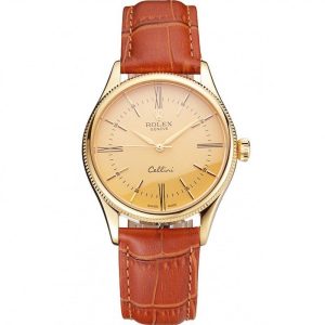 Super Clone Rolex Cellini Gold Dial Roman Numerals Gold Case Light Brown Leather Strap - Imagen 11