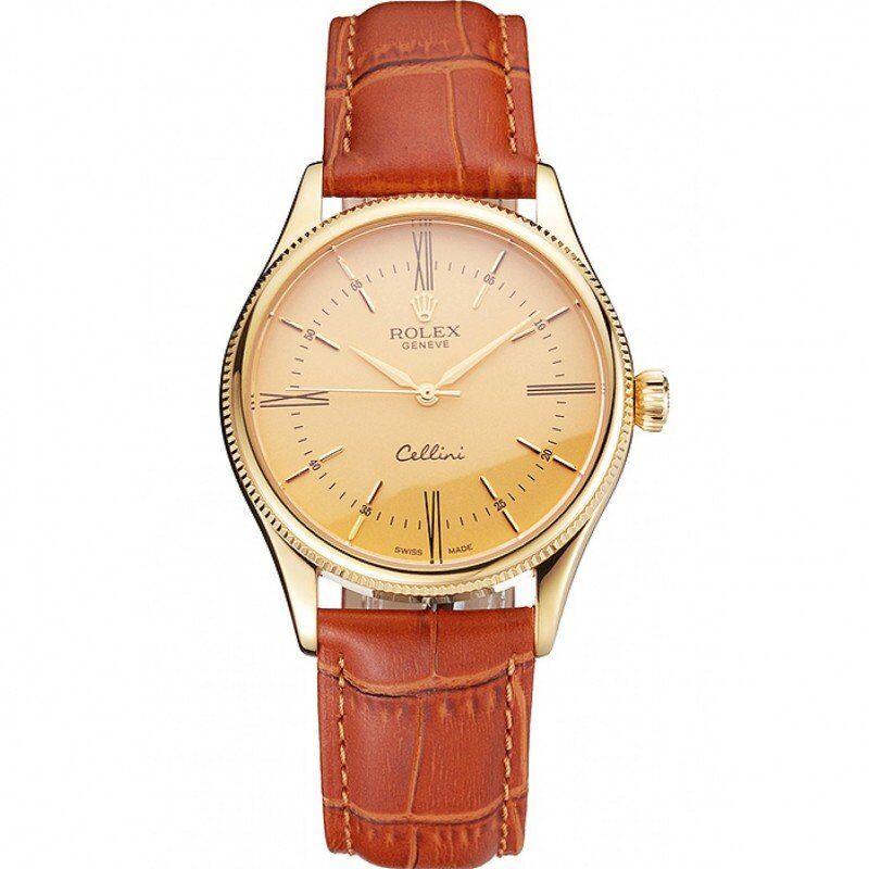 Super Clone Rolex Cellini Gold Dial Roman Numerals Gold Case Light Brown Leather Strap - Imagen 11