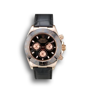 Super Clone Rolex Daytona Rose Gold Case Black Dial Black Leather Strap