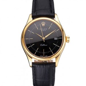 Rolex Cellini Date Black Dial Gold Case Black Leather Strap - Imagen 11